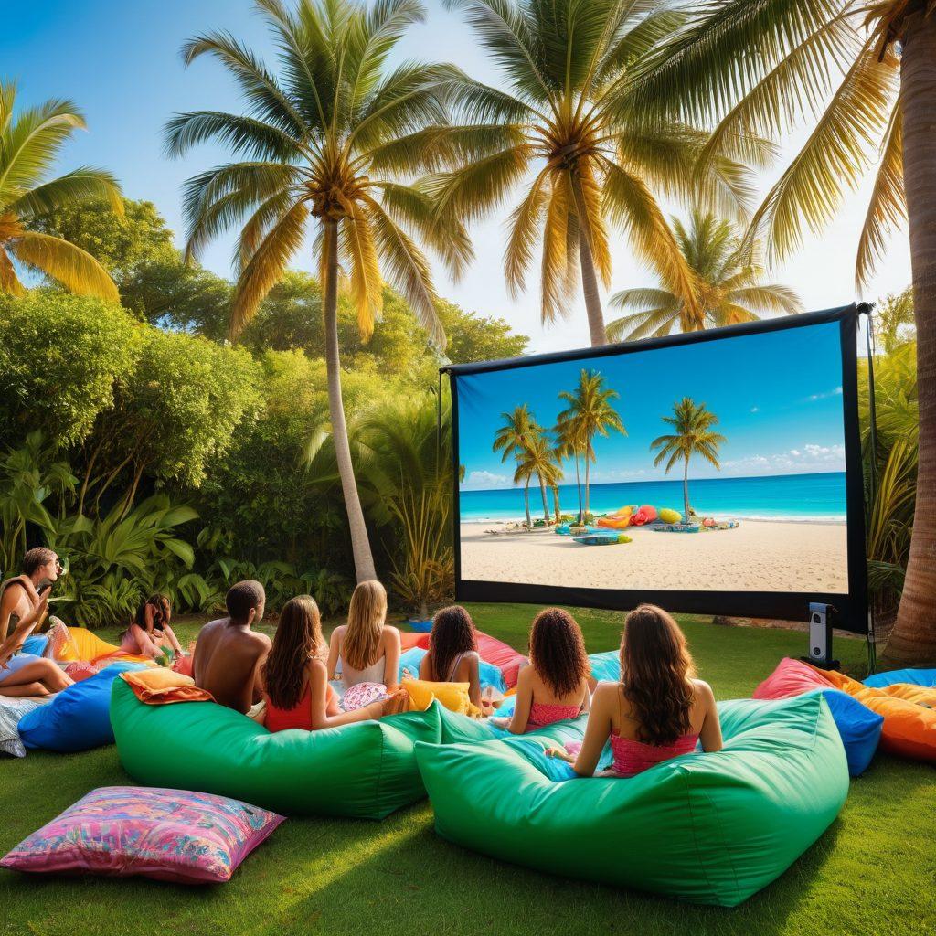 A vibrant summer scene featuring an inviting outdoor movie setup with colorful bean bags, a projector displaying a classic summer film, and twinkling fairy lights overhead. Surround it with lush green palm trees, a clear blue sky, and a inviting beach setting in the background. Include diverse groups of friends laughing and enjoying snacks while watching the movie together. super-realistic. vibrant colors. 3D.