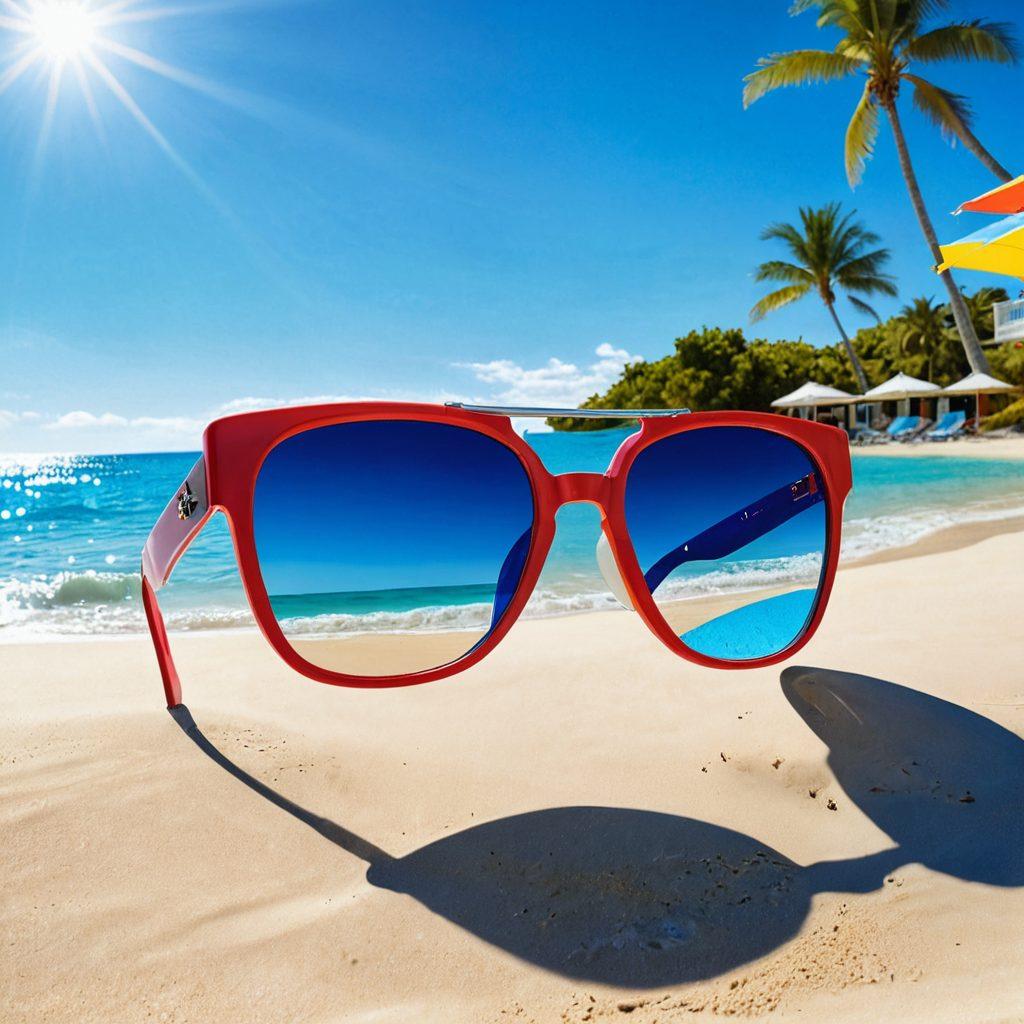 A vibrant beach scene featuring various colorful swimsuits displayed on a clothesline, with movie posters subtly integrated into the background, showcasing iconic bikini-themed films. Sunlight sparkles on the water, while a pair of oversized sunglasses sits in the foreground, reflecting the beach and movie elements. This cheerful summer vibe creates excitement and fun. super-realistic. vibrant colors. bright blue sky.
